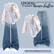 批发秋季学院风套装女韩系减龄针织马甲叠穿衬衫复古显瘦<b class='q'>牛仔</b>裤三件套