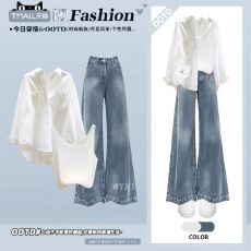 批发早秋季松弛感穿搭套装女宽松长袖衬衫叠穿吊带<b class='q'>背心</b>搭配<b class='q'>阔腿牛仔</b>裤