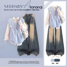 批发秋季韩系套装女红色针织马甲叠穿设计感衬衫复古显瘦<b class='q'>牛仔</b>裤三件套