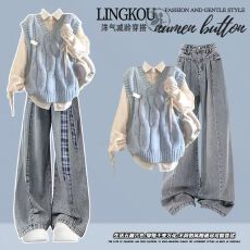 批发秋季学院风套装女韩系减龄针织马甲叠穿衬衫复古显瘦<b class='q'>牛仔</b>裤三件套