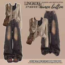 批发秋季复古套装女显瘦减龄镂空罩衫打底吊带搭复古高腰<b class='q'>牛仔</b>裤三件套