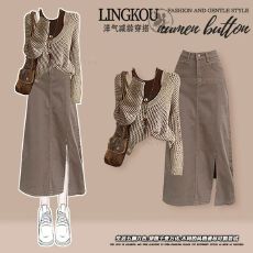 批发大码秋季美式套装女减龄显瘦镂空罩衫<b class='q'>背心</b>搭开叉<b class='q'>牛仔</b>半身裙三件套