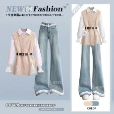 批发2025秋季新款韩系高级感穿搭衬衫针织<b class='q'>马甲女</b>阔腿微喇<b class='q'>牛仔</b>裤三件套