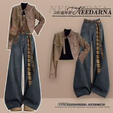 批发秋季新款一整套美拉德穿搭夹克韩系短外套时尚吊带搭<b class='q'>牛仔</b>裤三件套