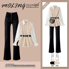 批发2025秋季一整套女装穿搭衬衫针织马甲显瘦阔腿<b class='q'>牛仔</b>裤高级感三件套