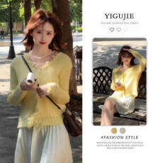 批发韩系学院风气质黄色时尚针织开衫高腰百褶裙两件套女秋季别致穿搭