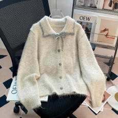 批发温柔风翻领毛衣开衫女2025秋冬新款设计感系带蝴蝶结洋气针织外套