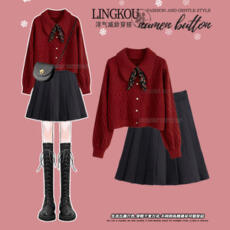 批发大码女秋季新年套装胖mm小香风过年红色针织毛衣短款百褶裙两件套