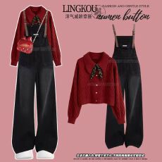 批发大码秋季减龄套装<b class='q'>女</b>红色蝴蝶结针织毛衣高腰显瘦背带牛仔裤两件套