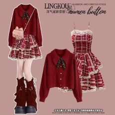 批发小香风套装冬季女圣诞氛围针织毛衣红色格子吊带连衣裙大码两件套