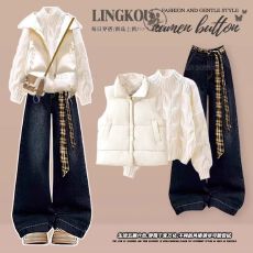 批发大码秋季休闲套装女棉服马甲减龄针织毛衣搭复古显瘦<b class='q'>牛仔</b>裤三件套
