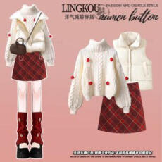 批发大码秋冬小香风套装女圣诞针织毛衣棉服马甲外套搭红色格子半身裙