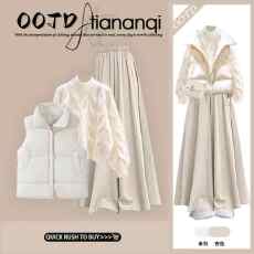 批发<b class='q'>大码</b>秋冬休闲套装女韩系减龄棉服马甲白色针织毛衣搭<b class='q'>裙裤</b>三件套