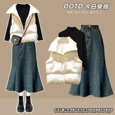 批发过年穿搭一整套装女2025新款加绒加厚马甲配<b class='q'>牛仔</b>半身裙显瘦三件套