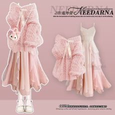 批发温柔系小香风减龄穿搭法式针织毛衣搭配大摆花边吊带连衣裙两件套