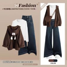 批发<b class='q'>大码</b>秋季高级感套装女洋气慵懒风<b class='q'>外套</b>打底衫显瘦阔腿<b class='q'>牛仔</b>裤三件套