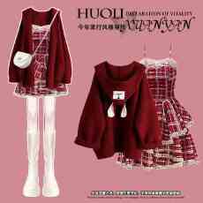 批发大码秋冬小香风套装女新年红色针织毛衣外套格子吊带连衣裙两件套