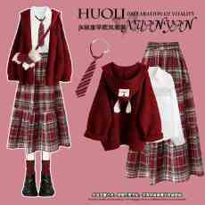 批发一整套入冬新年穿搭学院风半身裙套装女装2025新款红色毛衣jk制服