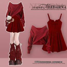 批发女生秋冬穿搭一套新年战衣安可拉红色慵懒领针织毛衣吊带裙两件套