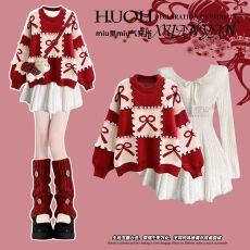 批发过年穿搭一整套新年战衣安可拉红色蝴蝶结针织毛衣配连衣裙两件套