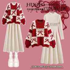 批发冬季套装女2025新款圣诞新年战袍红色针织毛衣搭显瘦连衣裙两件套