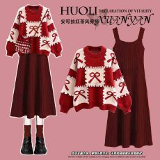 批发冬季套装女2025新款安可拉红圣诞穿搭针织衫毛衣显瘦吊带裙两件套