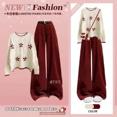 批发圣诞风穿搭<b class='q'>甜美</b>设计感针织衫红色阔腿裤套装女冬季花朵装饰两件套