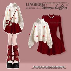 批发大码秋季韩系套装女减龄显瘦针织毛衣搭红色修身纯欲连衣裙两件套