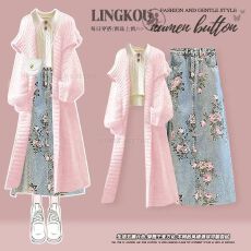 批发<b class='q'>大码</b>冬季甜美风套装女减龄优雅<b class='q'>外套</b>针织毛衣搭配<b class='q'>牛仔</b>半身裙三件套