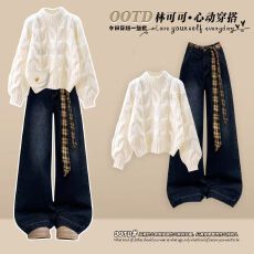 批发秋冬季套装女2025新款韩系叠穿马甲减龄针织毛衣复古<b class='q'>牛仔</b>裤三件套