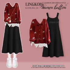 批发秋冬穿搭一整套女2025新款蝴蝶结V领针织开衫搭显瘦连衣裙两件套