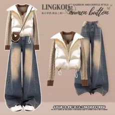 批发大码秋冬高级感套装女棉服马甲复古针织毛衣高腰显瘦<b class='q'>牛仔</b>裤三件套