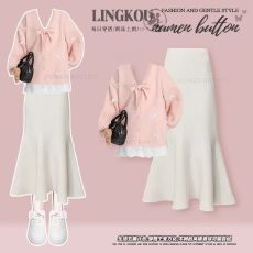 批发大码秋季<b class='q'>甜美</b>风套装女减龄超漂亮针织开衫搭显瘦鱼尾半身裙两件套