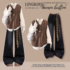 批发大码秋冬高级感套装女韩系复古针织马甲打底衬衫轻奢<b class='q'>牛仔</b>裤三件套