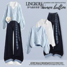 批发<b class='q'>大码</b>秋季韩系套装女温柔风气质针织毛衣打底衫搭复古牛仔裤三件套