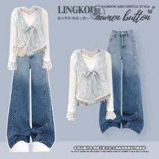 批发大码秋季气质套装女减龄法式蝴蝶结马甲打底衫搭渐变牛仔裤三件套