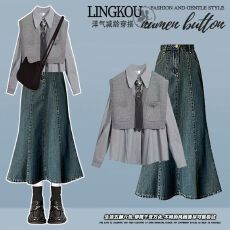 批发大码秋季气质套装裙女韩系衬衫针织马甲高腰显瘦鱼尾<b class='q'>牛仔</b>裙三件套