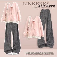 批发<b class='q'>甜美</b>INS风气质法式时尚套装通勤宽松小香风长袖毛衣搭慵懒阔腿裤