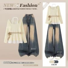 批发韩系氛围感穿搭女<b class='q'>甜美</b>设计感挂脖针织衫甜酷牛仔阔腿裤子两件套秋