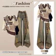 批发冬季新款日系<b class='q'>甜美</b>学院风撞色v领针织马甲长袖衬衫牛仔裤三件套装