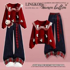 批发大码秋季<b class='q'>甜美</b>风套装女洋气红色娃娃领上衣搭显瘦复古牛仔裤两件套