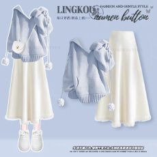 批发大码秋冬学院风套装女绝美显瘦针织毛衣搭配减龄高腰半身裙两件套