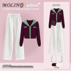 批发<b class='q'>秋</b>冬穿搭一整套女2025新款高级感紫色针织衫搭显瘦牛仔裤两件套