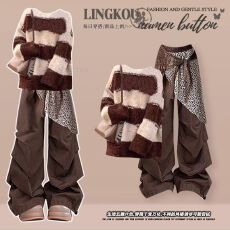 批发大码<b class='q'>秋</b>季美拉德套装女慵懒风洋气条纹针织毛衣搭复古工装裤两件套