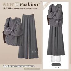 批发大码<b class='q'>秋</b>冬慵懒风针织套装女高级灰圆领毛衣搭休闲宽松阔腿裤两件套