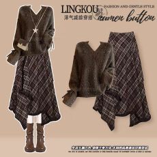 批发大码<b class='q'>秋</b>季休闲套装女减龄显瘦撞色针织毛衣搭高腰格子半身裙两件套