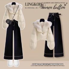 批发大码<b class='q'>秋</b>冬高级感套装女洋气减龄毛领棉服外套复古直筒牛仔裤两件套