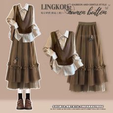 批发大码<b class='q'>秋</b>季美式套装女针织马甲打底条纹衬衫搭网纱复古半身裙三件套