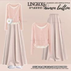 批发大码早<b class='q'>秋</b>高级感套装女温柔甜美假两件上衣显瘦收腰休闲裙裤两件套