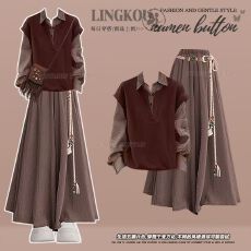 批发大码<b class='q'>秋</b>季美拉德套装女减龄气质假两件卫衣高腰显瘦休闲裙裤两件套